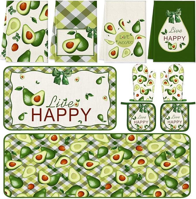 Fourluoo 10 Pcs Avocado Farmhouse Kitchen Decor Set Dish Towels Kitchen Rugs Oven Mitts and Pot Holders Set for Cooking Baking Grilling Women Mom Daughter Gift(Green)