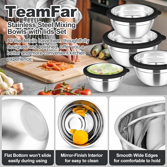 TeamFar Mixing Bowls Set, 4.5/3/1.5/1/0.7 QT Salad Bowl with Lids, Black | Stainless Steel Nesting Bowls with Visible Airtight Lids, For Serving/ Mixing/ Storing, Non-Toxic & Dishwasher Safe, Set of 5