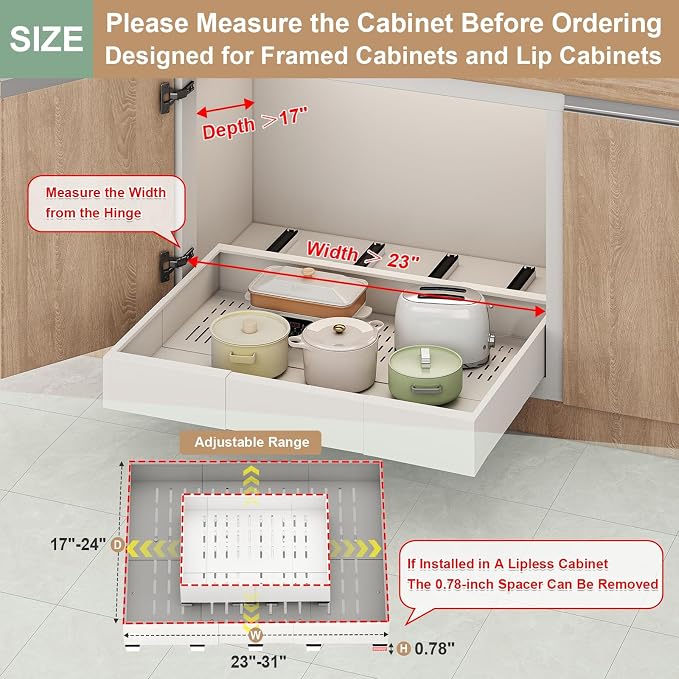 Fokyfok Pull Out Cabinet Organizer,23"-31"W,17"-24"D,Expandable,Adhesive | No Drill,5 Rails,Roll out Drawers,Adjustable Slide out Shelves for Kitchen,Pantry,Framed and Framless Cabinets,White,1PC