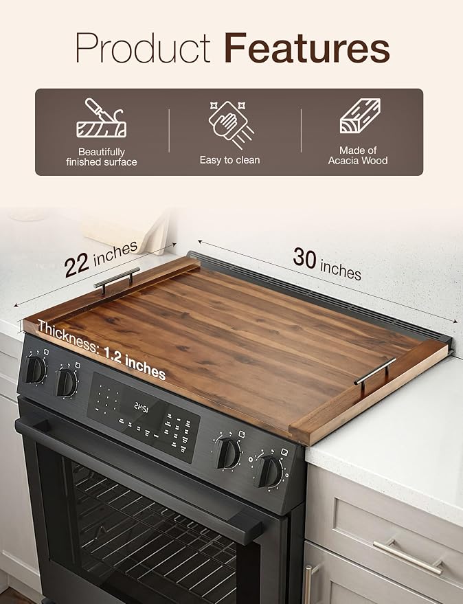 TIDITA Acacia Stove Top Covers for Electric Stove, Handles, Walnut color | Acacia Wood, Metal Handles, Non-Skid Pads, Easy Assembly, Wooden Noodle Board for Gas Stovetop, Gas Stove Cover, Multi-Use