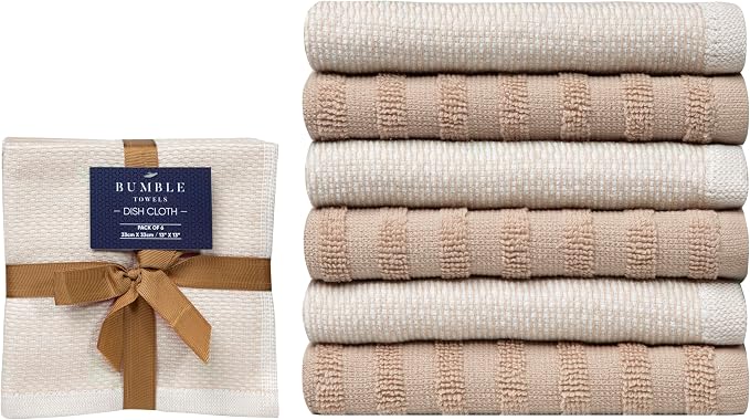 Bumble Premium Dish Cloths 13"x13" (6 Pack) | 100% Natural Ring Spun Cotton | 400 GSM | Highly Absorbent & Soft |Yarn Dyed & Solid Dyed Terry Dish Cloth Set - Tan