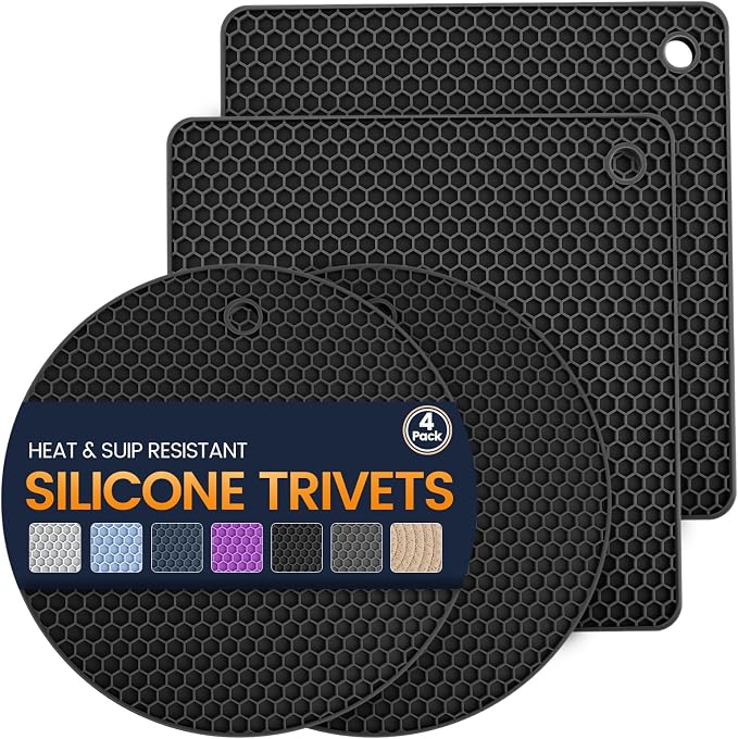 Silicone Trivet Mats 4 Heat Resistant Pot Holders Multipurpose Non-Slip Hot Pads for Kitchen Potholders, Drying mat, Jar Opener, Spoon Holder, Coaster(Black)