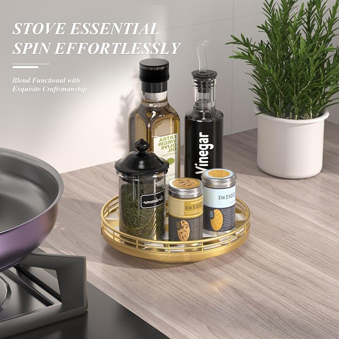 9-Inch Gold Lazy Susan Spice Organizer with Guard Rail | Smooth rotating oak tray with walnut finish for dining tables, kitchen counters, pantries and cabinet storage.