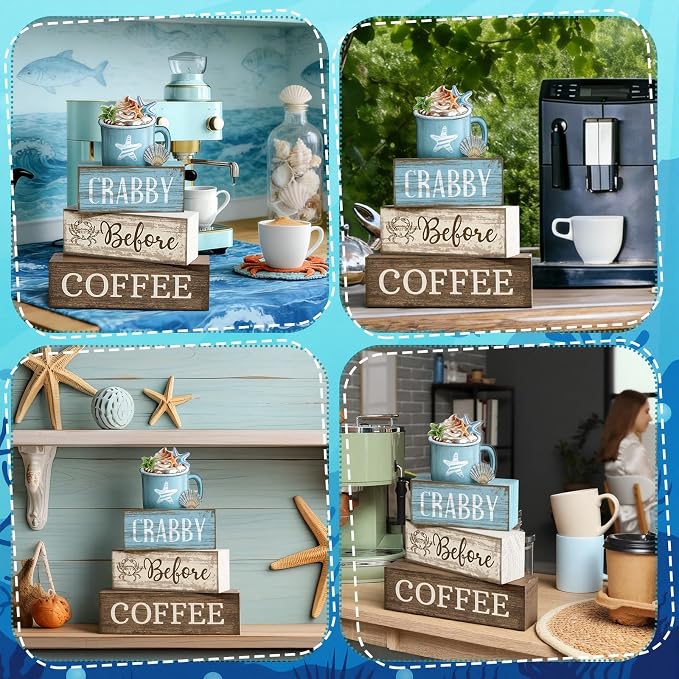 Lineshading 4 Pcs Coffee Beach Decor Wooden Blocks, Coastal Tiered Tray | Stackable Farmhouse Signs, Blue White Summer Decoration, Rustic Wooden Blocks for Coffee Bar, Home Tabletop