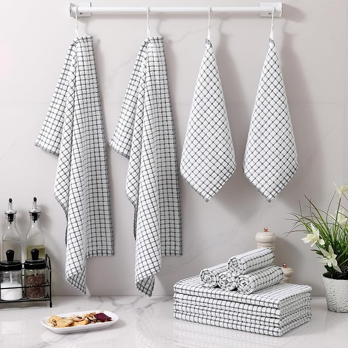 Homaxy Kitchen Towels and Dishcloths Set, Set of 12, Grey | Cotton Terry Kitchen Dish Towels, Super Soft and Absorbent Dish Cloths, 16 x 25 and 12 x 12 Inches
