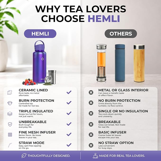 32 oz Ceramic Lined Tea Infuser Travel Tumbler, Micro-Mesh Stainless Steel Infuser, Pure Taste Ceramic Interior, Triple Insulated 12hr Hot Cold, Dual Sip & Straw Lid, Scratch-Resistant