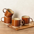 GBhome 12 OZ Stackable Coffee Mugs Set of 4, Ceramic Coffee Cups Set | 4 Assorted Designs, Embossed Mugs with Texture Patterns for Tea/Coffee, Dishwasher&Microwave Safe, Caramel