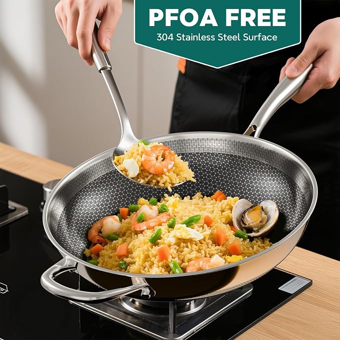 Wok Pan, 13-Inch Stainless Steel Woks & Stir-Fry Pans Nonstick, Wok Pan with Lid for Induction, Hybrid，Electric, Gas, Halogen, All Stoves, Professional PFOA Free Cookware, Dishwasher & Fast Heat