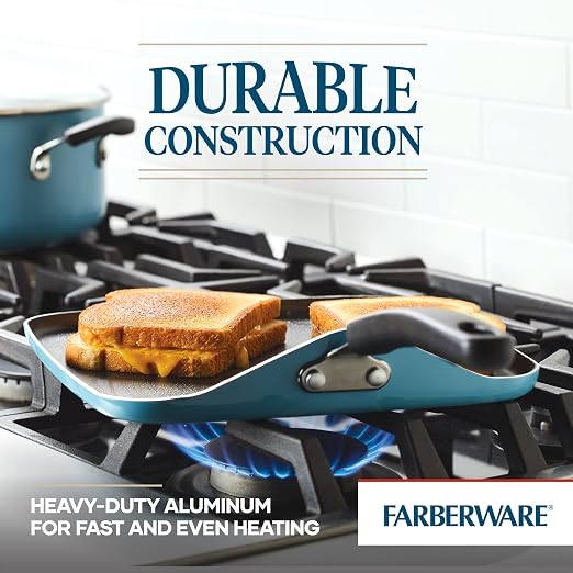Farberware Cookstart DiamondMax Nonstick Square Grill Pan/Griddle, Dishwasher Safe, 11 Inch - Aqua