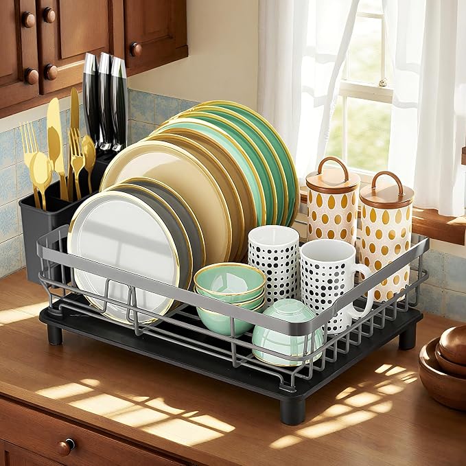 MOUKABAL Dish Drying Rack with Drainboard for Kitchen Counter, Grey | 13×17 Large Capacity/Rustproof Stainless Steel/Fast Drainage Dish Drainer/Removable Utensil Holder/Kitchen Counter Organizer