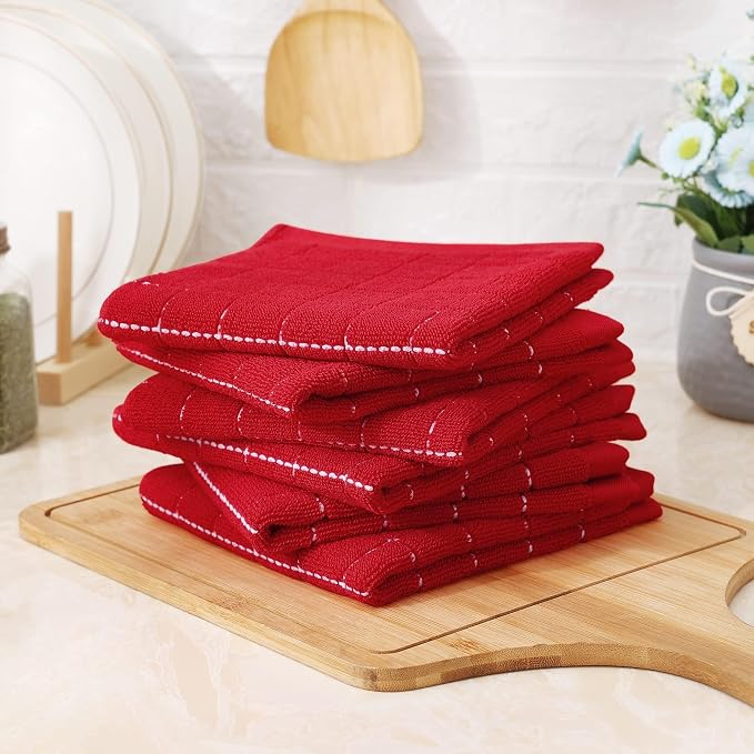Homaxy 100% Cotton Terry Kitchen Dish Cloths, 8 Pack, Red | Ultra Soft and Absorbent, Suitable for Drying and Washing Dishes