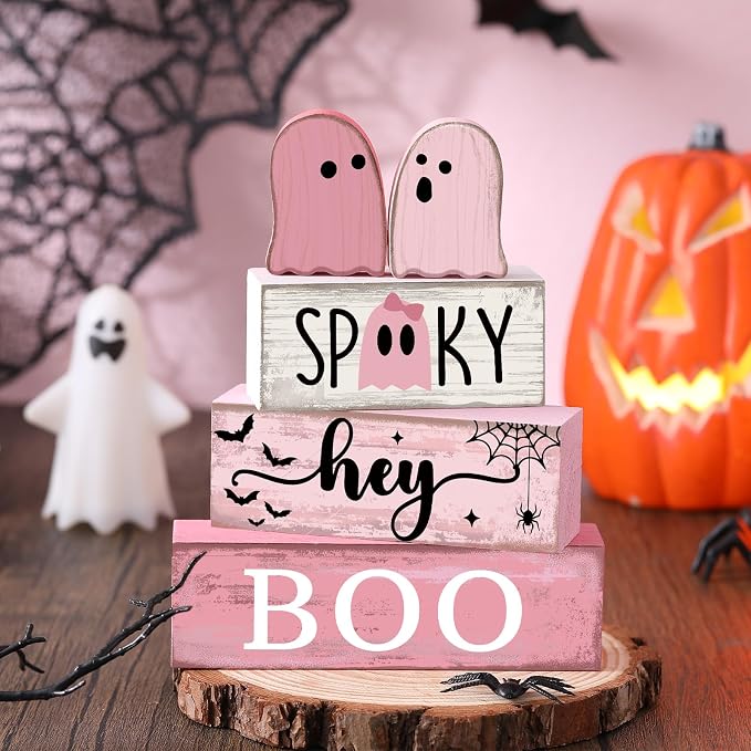 Lineshading 4 Pcs Pink Halloween Tiered Tray Decor, Wooden Ghost Signs | Cute Farmhouse Tabletop Decorations, Rustic Wood Blocks with SPOOKY BOO Text, Pink Aesthetic Centerpiece for Party Display