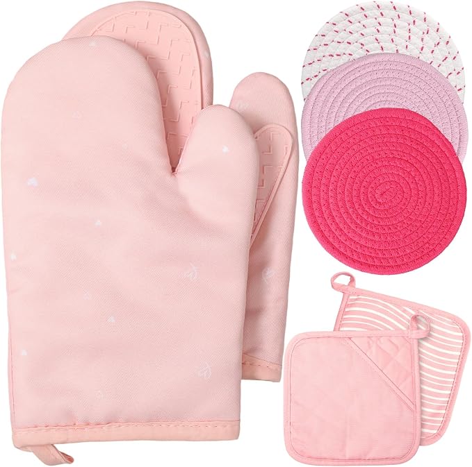 Pink Oven Mitts and Pot Holders 7 Sets, Pink White, Rubber Cotton, Stripes | Heat Resistant Kitchen Gloves, Pads Pot Holders for Women, Chritsmas Gifts Kitchen Accessories Gift