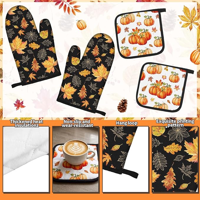 Fourluoo 10 Pcs Fall Pumpkin Kitchen Decor Set Towels Rugs Oven Mitts and Pot Holders Autumn Leaves Pumpkin Decor for Women Mom Gift Cooking Baking Grilling