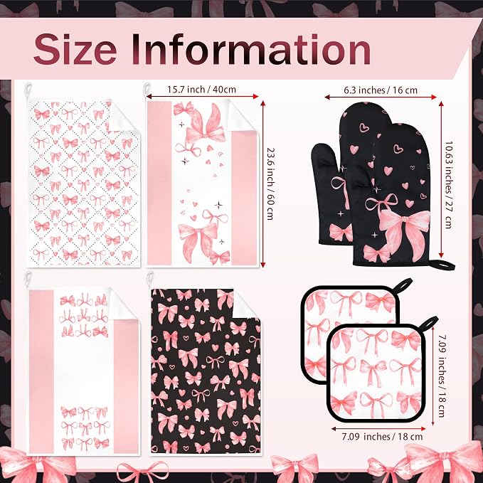 8 Pcs Cute Pink Bow Kitchen Towels and Dishcloths Sets Oven Mitts Pot Holders Set Mother's Day Absorbent Decor Accessories Gloves Potholders Heat Resistant for Chef Baking Cooking Home Gifts