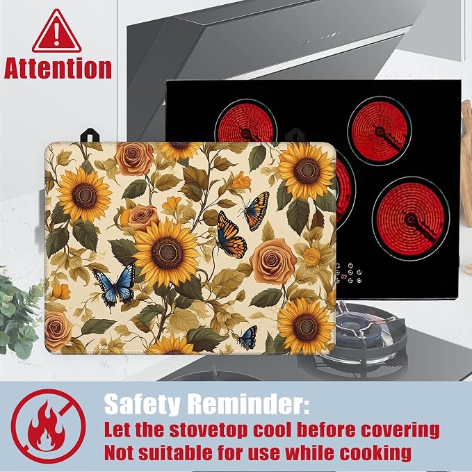Vintage Sunflower Stove Top Covers for Electric Stove,Rustic Rose Butterfly Glass Top Stove Cover, Heat Resistant Range Covers for Electric Stove,Washable Countertop Mat, 28 x 20 Inch