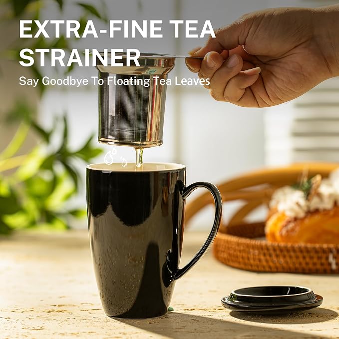 Sweese 15 OZ Porcelain Tea Mug with Infuser and Lid, Loose Leaf Tea Cup, Gifts for Tea Lover, Black