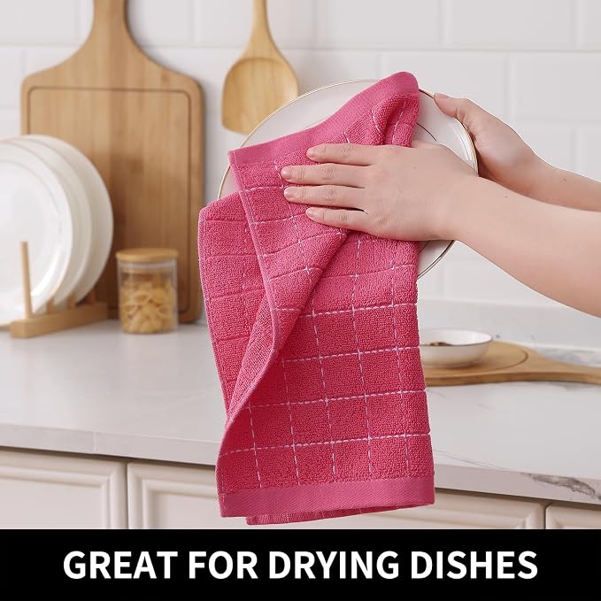 Homaxy 100% Cotton Terry Kitchen Towels, 12 Pack, Rose Red | Ultra Soft and Absorbent, Suitable for Drying and Washing Dishes