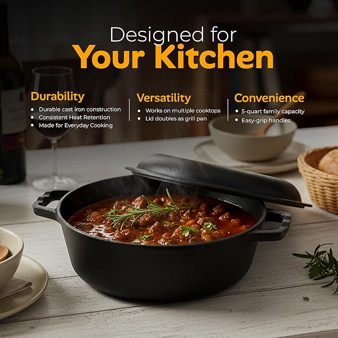 KICHLY Cast Iron Dutch Oven 5 QT with Skillet Lid Pre-Seasoned PFAS-Free | Dual Purpose Skillet Lid, Griddle Pan Included, Bread Baking, Roasting, Grilling, Camping Use, Heavy Duty