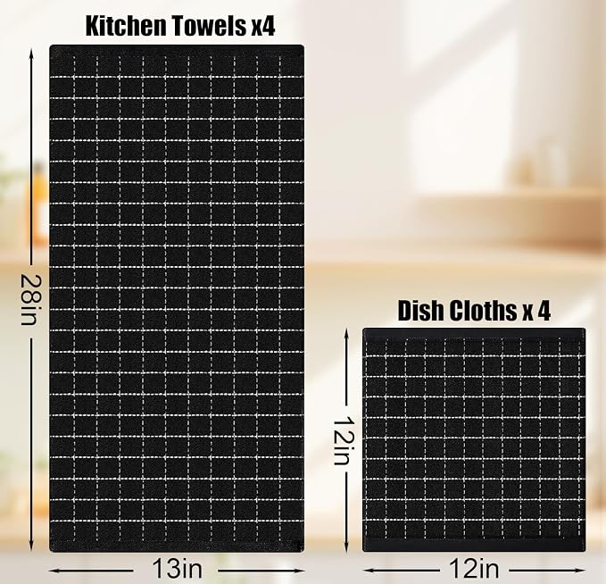 Homaxy Kitchen Towels and Dishcloths Set, Set of 8, Black | Bulk Cotton Terry Kitchen Towels, Checkered Designed, Soft and Super Absorbent Dish Towels, 12 x 12 and 13 x 28 Inches