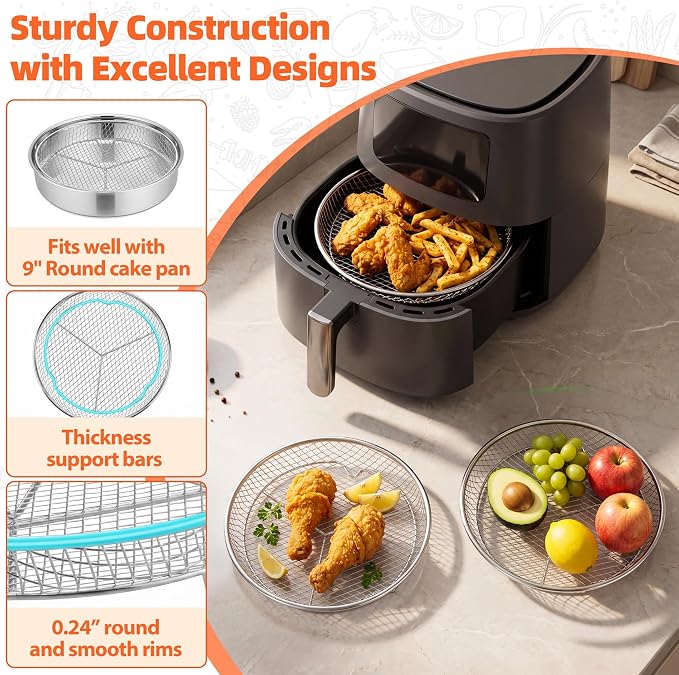 P&P CHEF 7.9'' Round Air Fryer Rack Set of 3, Air Fryer Basket for Grill | Stackable Stainless Steel Air Fryer Accessories for Roasting, With Anti-scalding Clip & Silicone Feet, Oven & Dishwasher Safe