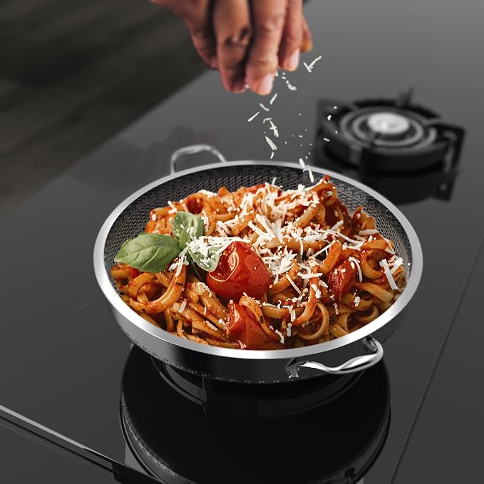 316L Stainless Steel 7QT Saute Pan Hexagon Nonstick Wok with Lid, Two Handle to Hold, PFOA Free, Dishwasher Oven Safe (12.5 inches,7QT)