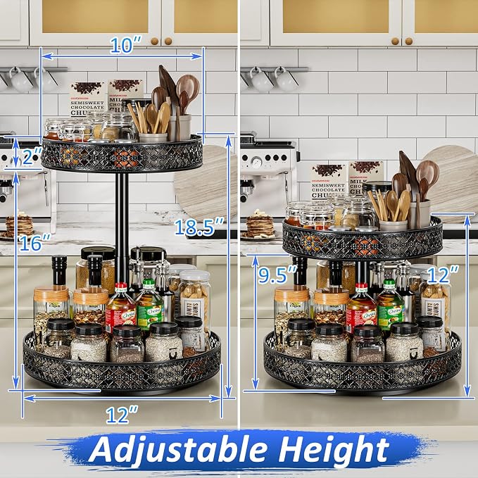 2 Tier Lazy Susan Organizer - Adjustable Rotating Spice Rack 12 inch | Floral Turntable Lazy Susan for Cabinet Pantry Kitchen Countertop Table Top Cupboard Bathroom Vanity Storage Metal Black