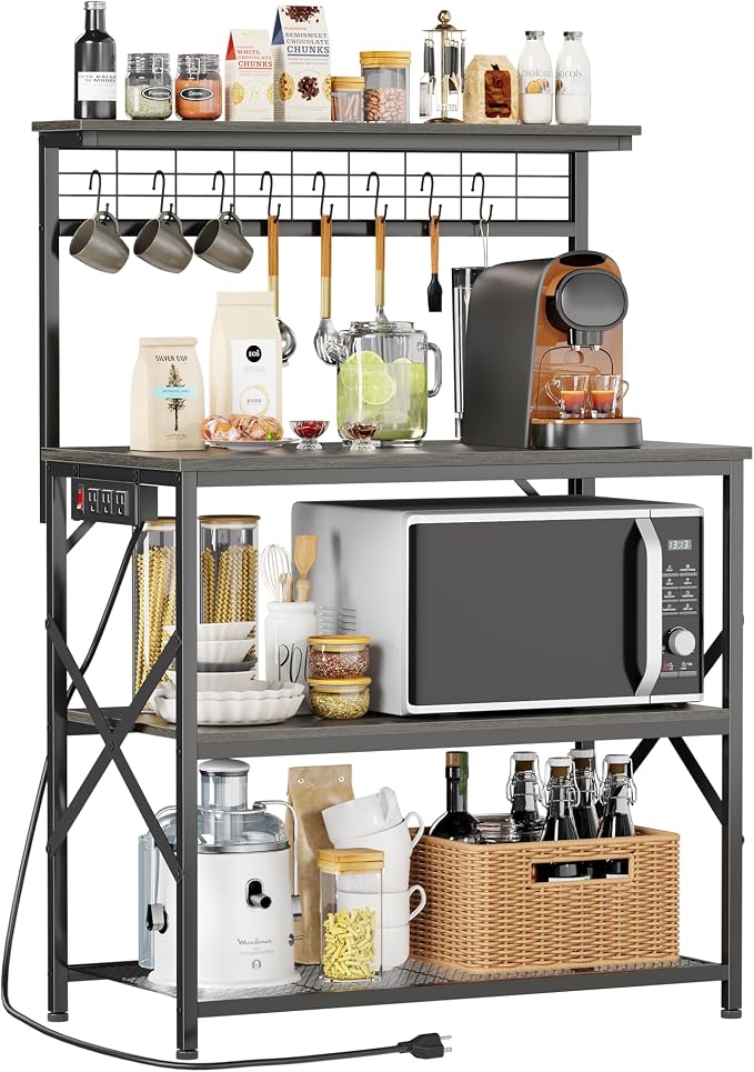 Furologee Kitchen Bakers Rack with Power Outlet,Coffee Stand with Storage 4 Tiers,Coffee Bar Station with a 31.5 Inch Larger Desktop and 8 S Hooks,Kitchen Microwave Rack for Spices,Pots,Black Oak