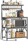 Furologee Kitchen Bakers Rack with Power Outlet,Coffee Stand with Storage 4 Tiers,Coffee Bar Station with a 31.5 Inch Larger Desktop and 8 S Hooks,Kitchen Microwave Rack for Spices,Pots,Black Oak