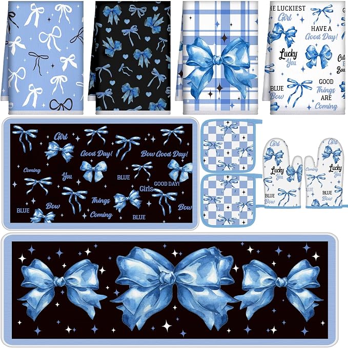 Fourluoo 10 Pcs Blue Bow Kitchen Decor Set Dish Towels Kitchen Rugs Oven Mitts and Pot Holders for Cooking Baking Grilling Women Mom Gift
