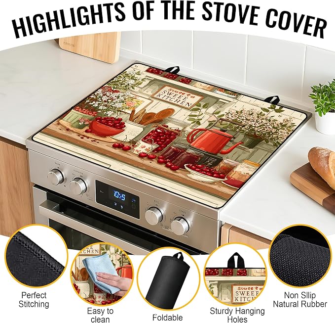 NYZE Stove Top Cover for Electric/Glass Stove, Flat Top Cooktop Protector, Electric Cooktop Cover, Extra Counter Space for Kitchen (Vintage Cherry Jar)