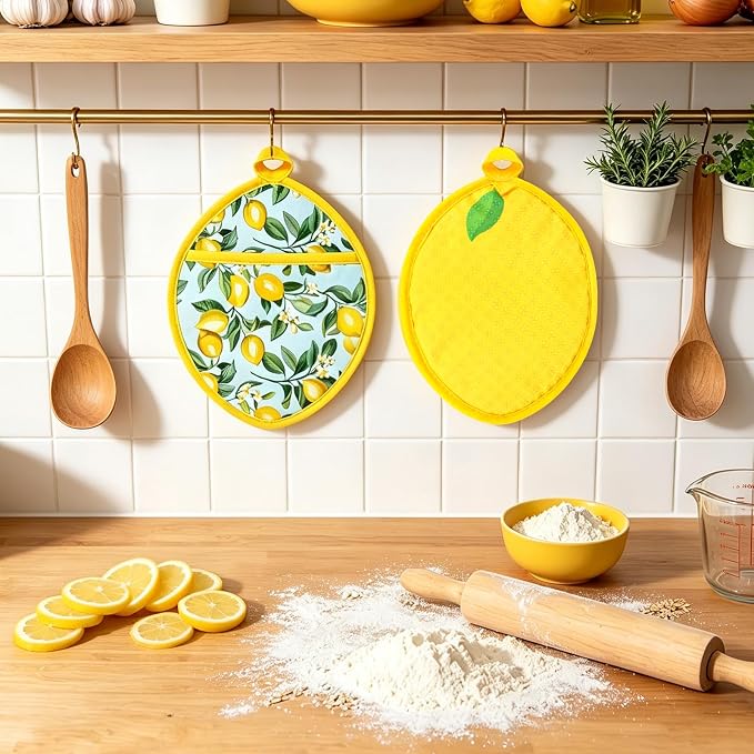 AnyDesign 2Pcs Lemon Floral Pot Holders Light Blue Lemon Shaped Heat Resistant Cotton Hot Pad Non-Slip Potholder Oven Mitt Trivet Mat for Summer Kitchen Cooking Baking, 7 x 9 Inch