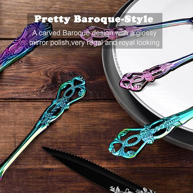Runfly Gorgeous Retro Royal Rainbow Stainless Steel 48-Piece Flatware Set | Silverware Set for 8, Anti-rust Cutlery Set Utensils Kitchen Including Fork Spoon and Knife