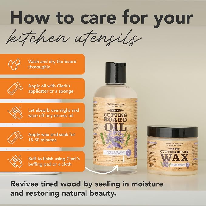 CLARK'S Cutting Board Oil & Wax Kit, Lavender Rosemary Scent - Set of 2 | Includes Food Grade Mineral Oil (12oz), Cutting Board Wax (6oz) for Cutting Boards, Butcher Blocks & Kitchen Wooden Utensils