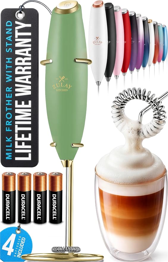 Zulay Kitchen Powerful Milk Frother Wand With Duracell Batteries - Ultra Fast Handheld Drink Mixer - Electric Whisk Foam Maker for Coffee, Lattes, Cappuccino & Matcha - Z1 Motor - Forest Gold