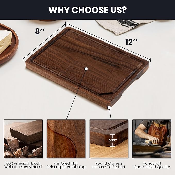 Walnut Wood Cutting Board for Kitchen with Deep Juice Groove & Side Handles, 12”L x 8”W x 0.8”H, Handcrafted North American Black Walnut Wood Grain, Small Chopping Board, Reversible Butcher Block