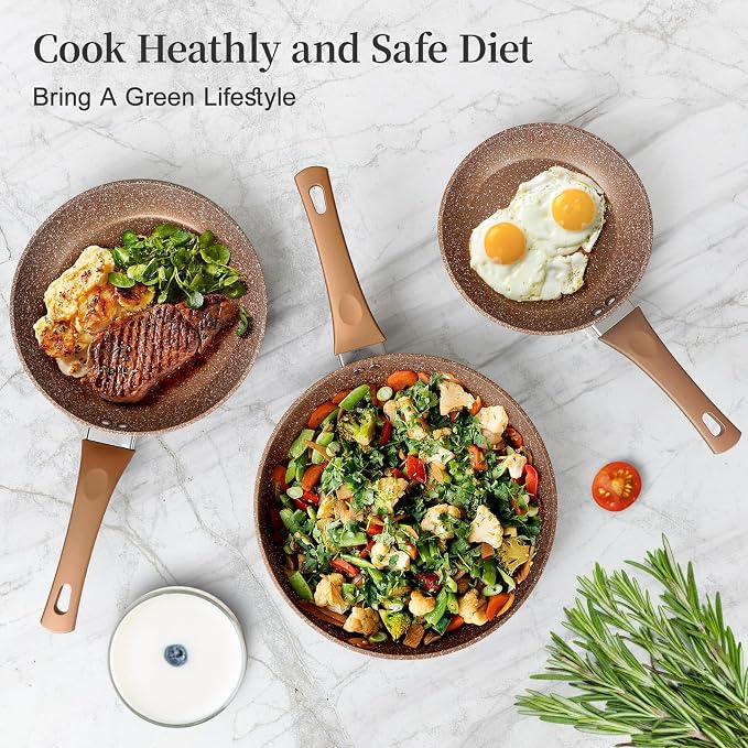 Innerwell Nonstick Ceramic Frying Pans Skillets Set with Lid 8"+9.5"+11" | No Toxic Egg Omelette Frying Pan Set, All Stove Compatible, Healthy Granite Induction Cooking Pan, PFOA & PFAS Free, Gold