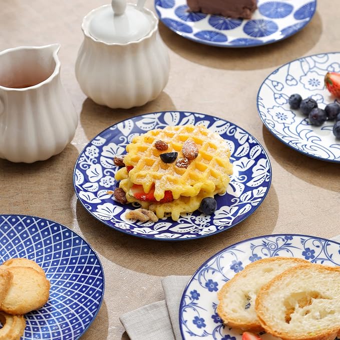 Selamica Ceramic Dessert Plates Set of 6, 6 Inch Small Plates, Vintage Blue | Appetizer Plates for Kitchen, Microwave & Dishwasher Safe