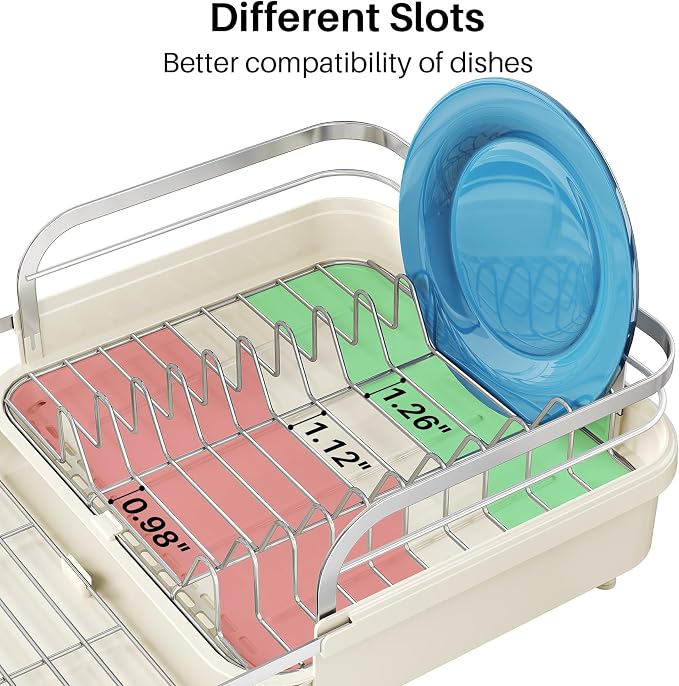 SNTD Expandable Dish Drying Rack for Kitchen Counter, 15.2-22.1 in, Beige | Rust-Resistant Stainless Steel, Protective Side Rails, Self-Draining Drainboard, Removable Utensil Holder