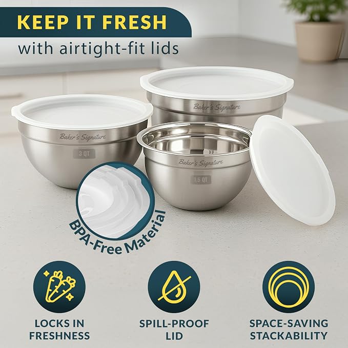 Baker's Signature Stainless Steel Mixing Bowls With Lid | Metal Bowl Set Of 3, Nesting Set For Food Prep, Baking,Storage, Cooking, Serving | Dishwasher Safe, Silver, 1.5/3/5 Qt