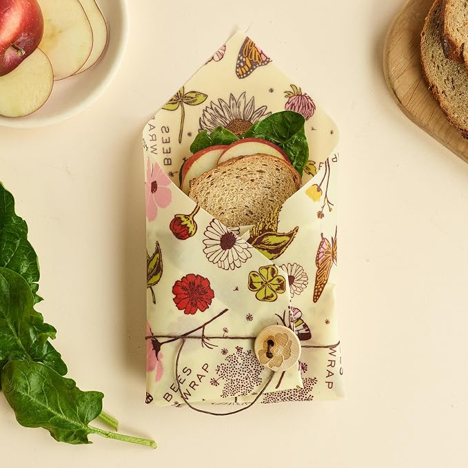 Bee's Wrap Vegan Beeswax Food Wraps, 2 Medium & Sandwich Pack, Meadow Magic | Organic Plant Based Wraps - Plastic Free - Reusable Food Storage - Lunches & Leftovers - Made in USA