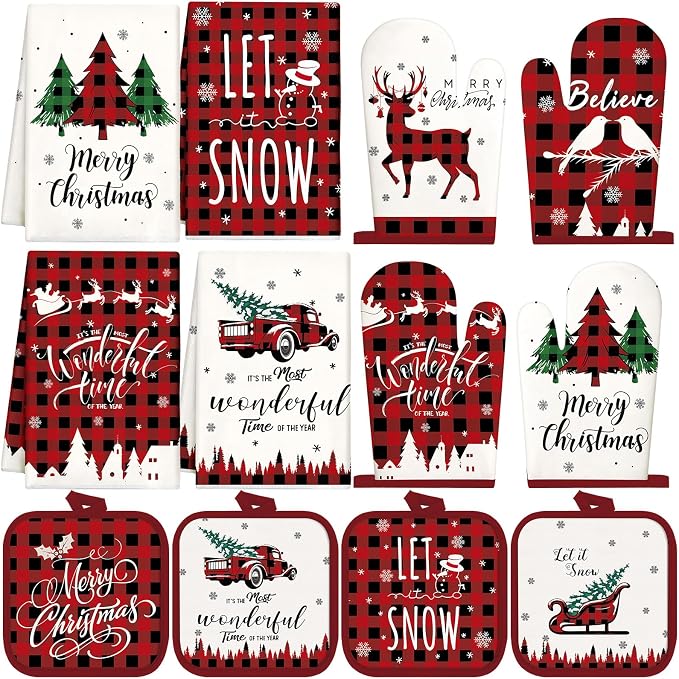 SiliFine 12 Pcs Christmas Buffalo Plaid Kitchen Accessories Set Red Black Check Pot Holders Reindeer Oven Mitts Xmas Tree Kitchen Towels for Christmas Home Decorations, Cooking Baking Holiday Gifts