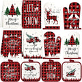 SiliFine 12 Pcs Christmas Buffalo Plaid Kitchen Accessories Set Red Black Check Pot Holders Reindeer Oven Mitts Xmas Tree Kitchen Towels for Christmas Home Decorations, Cooking Baking Holiday Gifts
