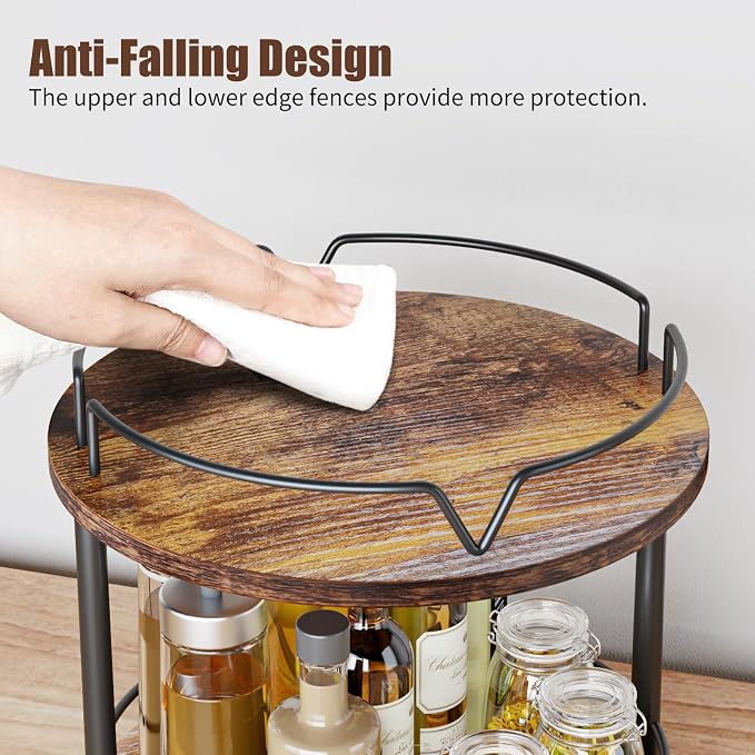 12" Wood Lazy Susan, Rotating Spice Rack, 2 Tier Spice Turntable Organizer, Industrial Turntable Spice Holder, for Kitchen Countertop and Cabinet, Compact and Versatile, Rustic Brown