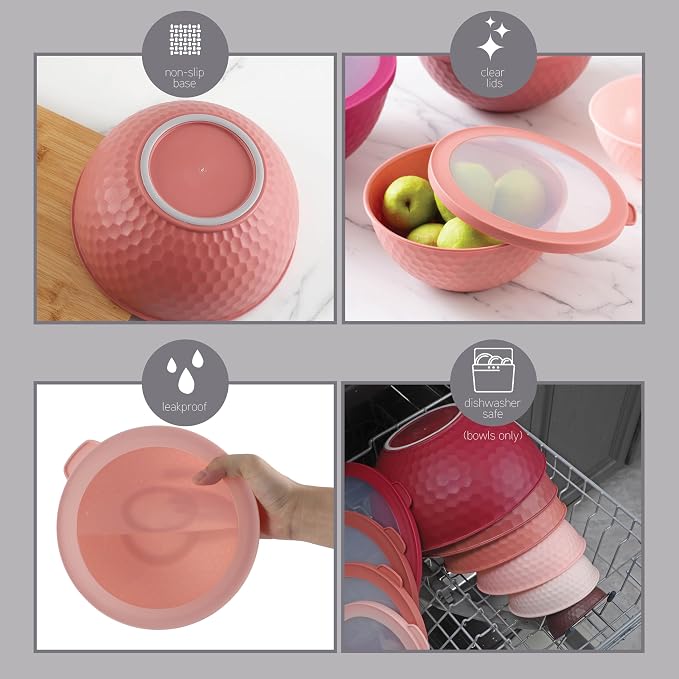 COOK WITH COLOR Mixing Bowls with Lids - 12 Piece Plastic Nesting Bowls Set includes 6 Prep Bowls and 6 Lids, Microwave Safe Mixing Bowl Set, Rose Embossed
