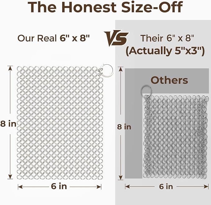 Amagabeli Cast Iron Cleaner 8"x6" Premium Stainless Steel Chainmail Scrubber Cast Iron Skillet Cleaner for Pan Pot Wok Griddles BBQ Grills Cast Iron Cleaning