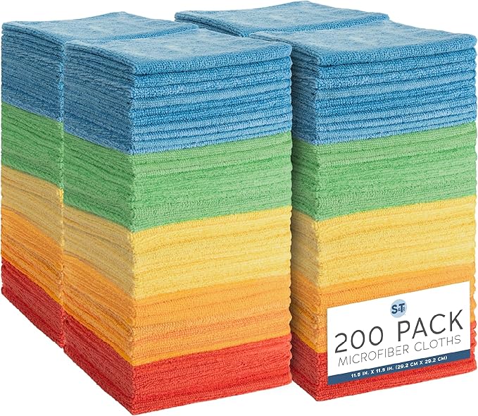 S&T INC. Microfiber Cleaning Cloth, 200 Pack, 11.5" x 11.5" | Bulk Cleaning Cloth for Home and Car, Reusable and Multi-Purpose Cleaning Rags for Business, Machine Washable