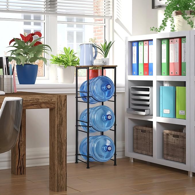 OYEAL 5 Gallon Water Bottle Jug Holder 3-Tier Water Bottle Holder Organizer with Top Shelf, Heavy Duty Water Dispenser Stand Rack for Kitchen Living Room Office, Rustic Brown