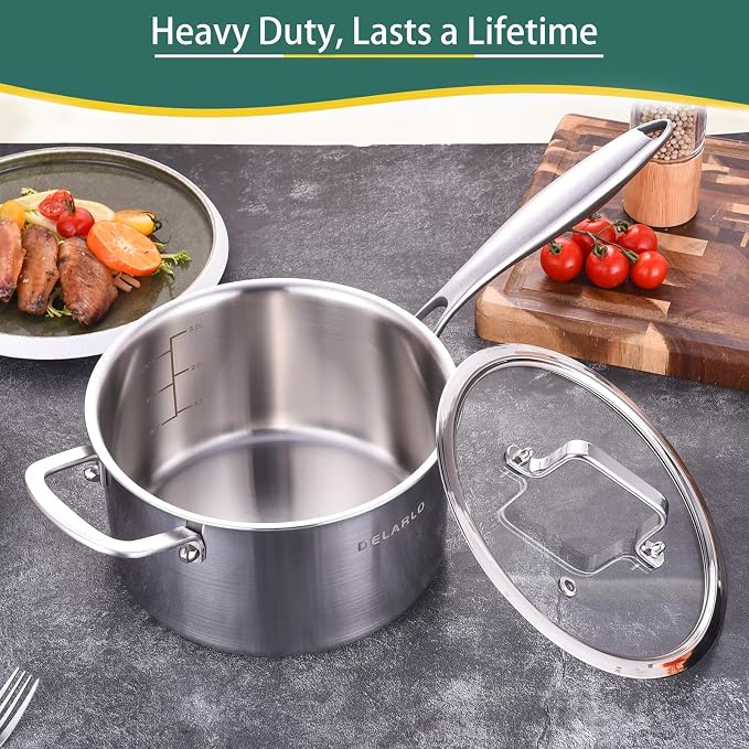 DELARLO Full-body Clad Tri-ply Stainless Steel 3.5 Quart Saucepan with Lid | Stainless Steel Pot Induction Cooking Sauce Pot Pan, Fast and Even Heat, Heavy Duty Saucier Cookware, PFOA&PTFE Free
