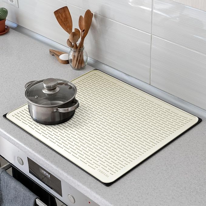 YUHFERA Stove Top Cover for Electric Stove - Silicone Stove Mat for Glass Top, Glass Cooktop Protector, XL Dish Drying Mats for Kitchen,Oven Covers for Electric Stove (Beige,28 x 20)